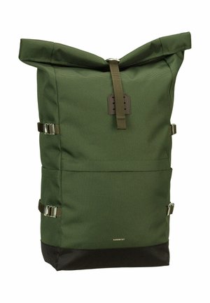 Green roll-top backpack made of durable fabric, featuring adjustable side straps, reinforced bottom, and a smooth texture. Simple logo detail.