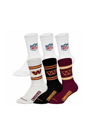 Drei Paar NFL-Socken in Weiß, Schwarz und Burgunder mit Washington Commanders Logos und Teamfarben.