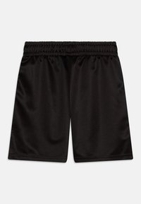 Schwarze Shorts aus glattem, leichtem Material mit einem elastischen Bund und einem schlichten, unverzierten Design. Keine Taschen oder sichtbaren Nähte.
