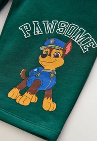 Grøn stof med en tegneseriehund iført en blå uniform og kasket. Tekst "PAWSOME" ovenfor hunden, med klare konturer og livlige farver.