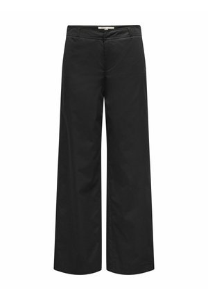Pantalon noir à jambes larges en tissu mélangé coton. Comprend une braguette zippée, des passants pour ceinture et des poches avant. Texture lisse et design ajusté.