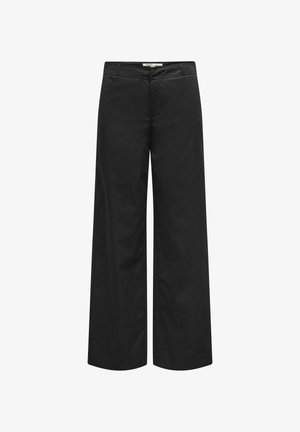 Black wide-leg trousers made from cotton blend fabric. Features a zip fly, belt loops, and front pockets. Smooth texture and tailored design.