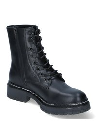 Schwarze Lederstiefelette mit schnürbarem Vorderteil und Reißverschlussdetails; strukturierte Sohle, klobiger Absatz und weiße Nähte.