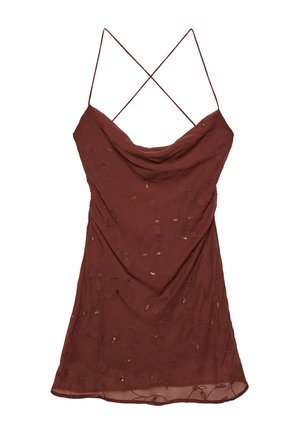Brown, sleeveless dress with a draped front, delicate floral embroidery, and crisscross back straps. Lightweight, flowing fabric.