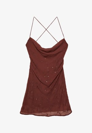 Abito marrone senza maniche con un frontale drappeggiato, delicata ricamo floreale e spalline incrociate sulla schiena. Tessuto leggero e fluido.