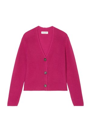 Magenta sweter rozpinany na guziki z dzianiny, z dekoltem w serek, długimi rękawami, trzema brązowymi guzikami z przodu i krótkim wykończeniem na dole.