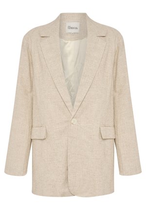 Beige linen blazer with a single button closure, notched lapels, and two front pockets. Smooth interior lining with a relaxed fit.