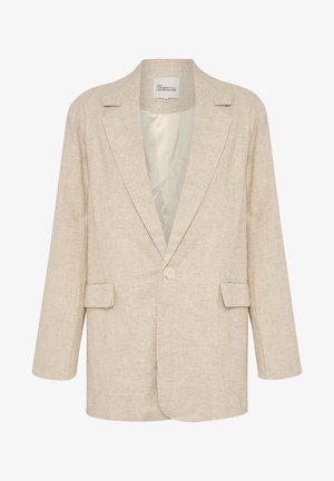 Beige linen blazer with a single button closure, notched lapels, and two front pockets. Smooth interior lining with a relaxed fit.