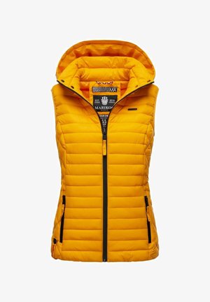 Yellow padded vest with a hood, featuring horizontal quilting, a front zipper, and side pockets. Interior label visible.