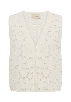 Veste courte de couleur crème avec motif floral en crochet, col en V et fermeture à boutons sur le devant.