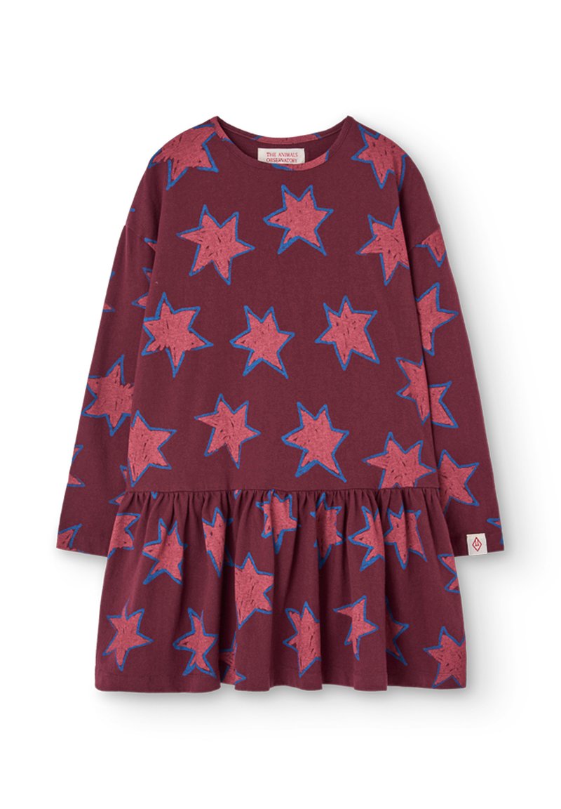 Bordeauxfarbenes langärmeliges Kleid mit einem Sterne-Muster in Pink und Blau, mit einem gerafften Saum und einem Rundhalsausschnitt.