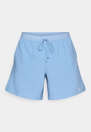 Light blue athletic shorts with an elastic waistband, adjustable drawstring, and two front pockets. Features a small Nike logo on the hem.