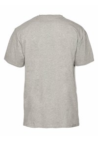 Gray cotton t-shirt, short sleeves, round neckline, relaxed fit, smooth texture, no visible patterns or embellishments on the back.