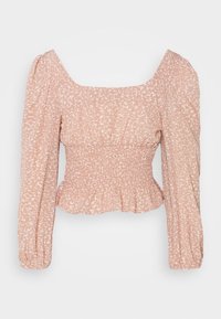 Blouse à motifs floraux roses avec un décolleté carré, des manches longues bouffantes et une taille froncée élastiquée. Tissu léger avec une texture subtile.