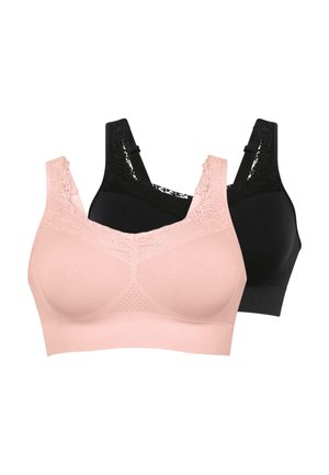 Due reggiseni senza ferretto con bordi in pizzo in nero e rosa chiaro, mostrati frontalmente con spalline larghe e coppe senza cuciture.