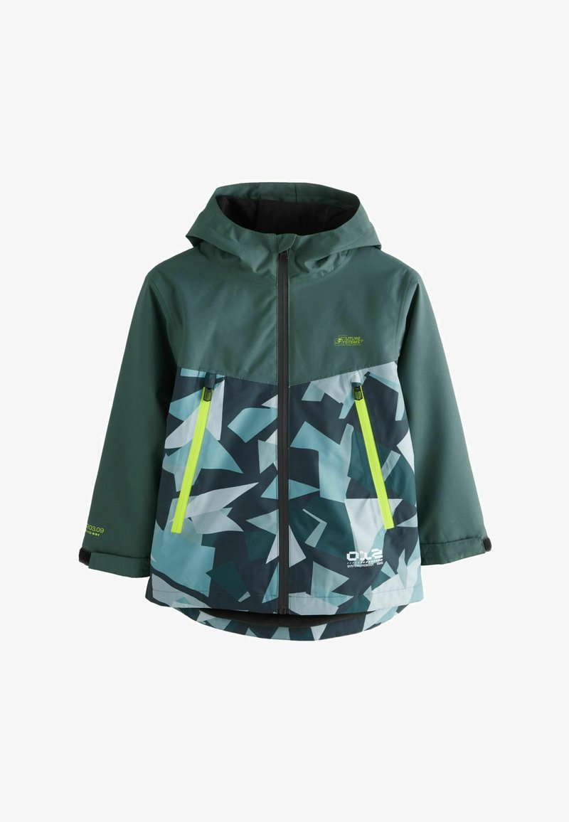 Waterproof jacket featuring a dark green hood, geometric blue and white patterns, and two front zippered pockets with neon yellow accents.