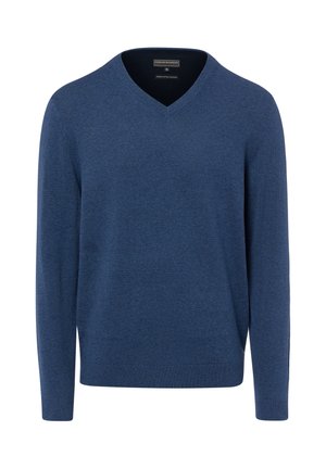 Maglione blu a maniche lunghe con scollo a V, polsini e orlo a coste, realizzato in misto cotone biologico e cashmere, mostrato su sfondo bianco.