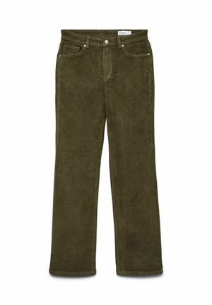 Olivgrüne Cord-Hose im geraden Schnitt, mit fünf Taschen und metallischen Akzenten. Weiche Textur mit geripptem Muster.