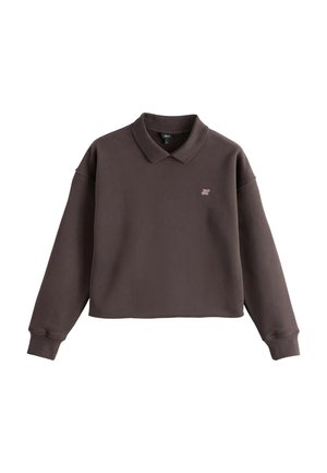 Felpa corta marrone a maniche lunghe con colletto e piccolo logo a farfalla ricamato sul petto sinistro.