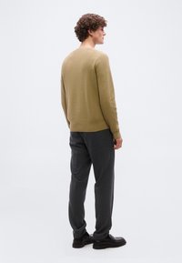 Νεαρός άνδρας με σγουρά μαλλιά, στραμμένος πλαγίως, φοράει πουλόβερ καμήλας, σκούρα γκρι παντελόνια και μαύρα παπούτσια, μπροστά σε απλό ανοιχτό φόντο.