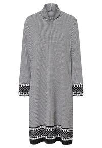 Schwarz-weiße karierte Kleid mit hohem Kragen, Dreiviertelärmeln und kontrastierenden gemusterten Manschetten und Saum. Weicher Stofftextur.