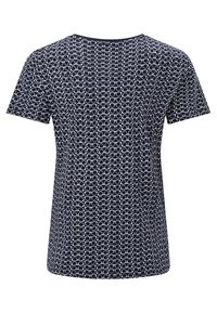 Marinblå t-shirt med ett geometriskt mönster av överlappande vita ovala former, kort ärm, rundad halsringning och en jämn tygtextur.