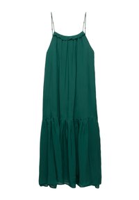 Rochie verde, fără mâneci, cu un decolteu cu volane, textură fluidă și un tiv în straturi. Fabricată dintr-un material ușor.