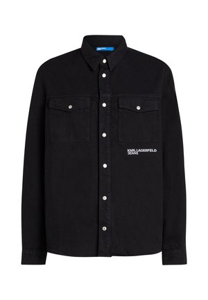 Black long-sleeve shirt with snap buttons, two chest pockets with buttons, and "Karl Lagerfeld Jeans" logo on right pocket area.