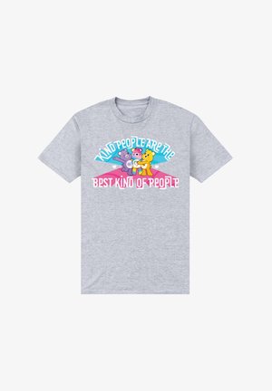 Szara bawełniana koszulka z nadrukiem kreskówkowych niedźwiedzi oraz tekstem "Wspaniali ludzie to najlepsi ludzie" w kolorowej, wyrazistej typografii.