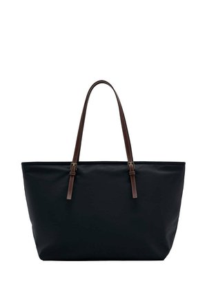 Sort mulepose med en glat finish og to lange brune læder skulderremme med spældetaljer.