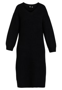 Schwarzes Strickkleid mit V-Ausschnitt, langen Ärmeln und tailliertem Oberteil. Es zeichnet sich durch eine gerade Silhouette und eine durchgehend gerippte Textur des Stoffes aus.