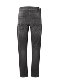 Jean en denim gris foncé vu de dos avec deux poches cousues et une étiquette noire de la marque Replay sur la ceinture.