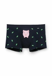 Marineblaue Boxershorts mit einem großen rosa Schweinmotiv auf der Vorderseite, umgeben von Mustern mit grünen Geldscheinen; aus weichem, flexiblen Stoff gefertigt.