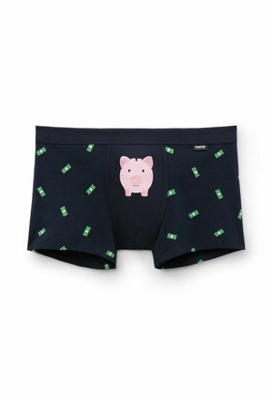 Marineblaue Boxershorts mit einem großen rosa Schweinmotiv auf der Vorderseite, umgeben von Mustern mit grünen Geldscheinen; aus weichem, flexiblen Stoff gefertigt.