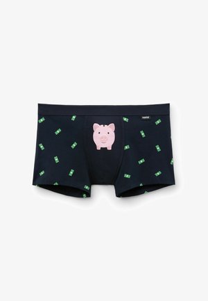 Marineblå boxershorts med et stort pink svine-design foran, omgivet af grønne pengesedler mønstre; lavet af blødt, fleksibelt stof.