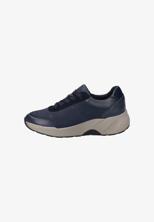 Navy blue sneaker with textured fabric upper and smooth leather accents. Features a sturdy rubber sole and lace-up front design.
