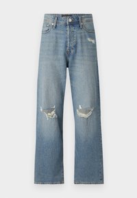 Lys blå denim jeans med rett ben-design. De har to revne kneåpninger og en klassisk glidelås med knappelukking.