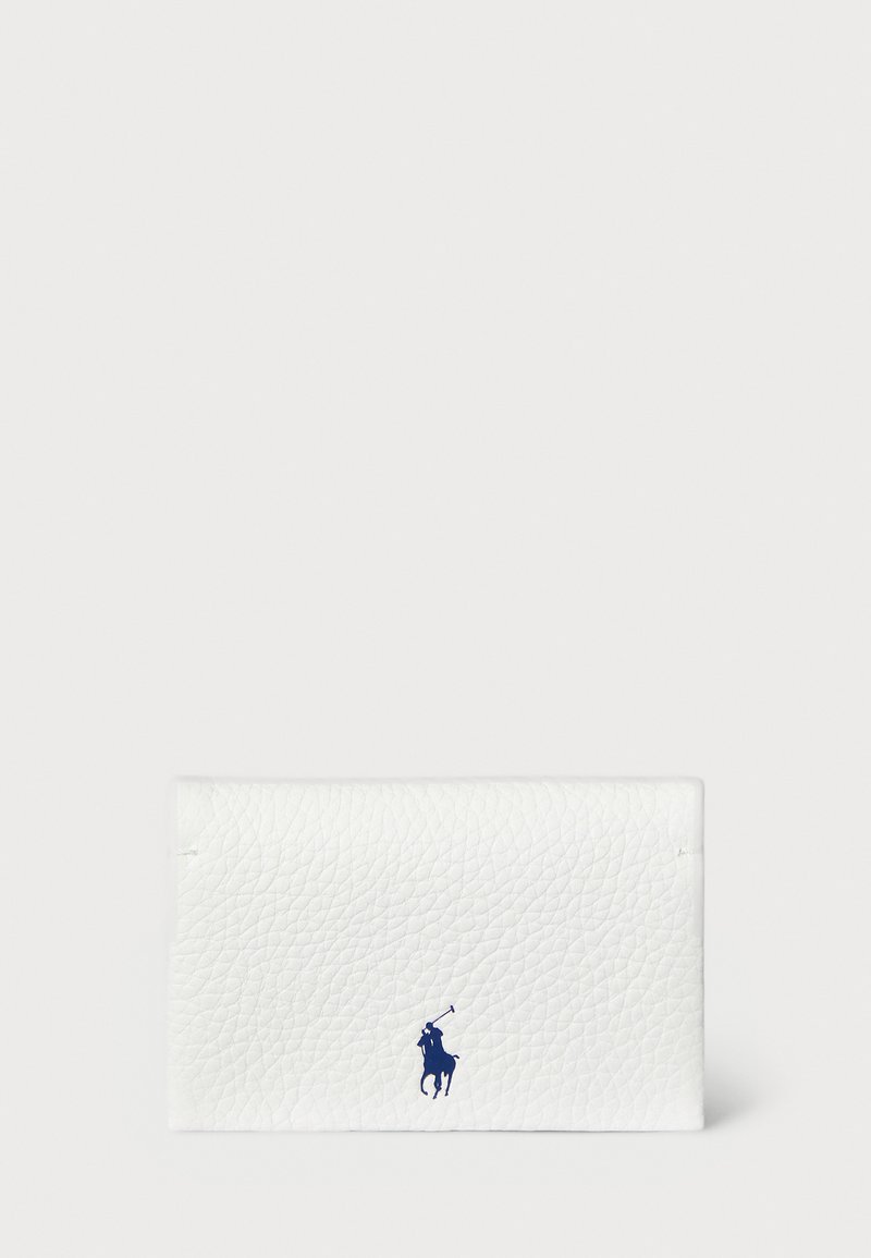 White leather card holder with textured surface and blue logo accent. Features a sleek, rectangular shape with minimalistic design.