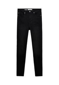 Jean slim noir avec fermeture par bouton et zip à l'avant, cinq poches et détails avec rivets en cuivre, présenté sur fond blanc.