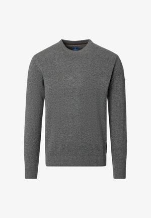 Męski jednolity szary sweter z okrągłym dekoltem, długimi rękawami oraz ściągaczami na mankietach i dole, wykonany z miękkiej dzianiny.