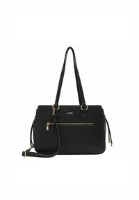 Borsa a tracolla in ecopelle nera con texture, accessoriate con dettagli in oro, doppi manici superiori, tracolla regolabile e tasca frontale con zip.