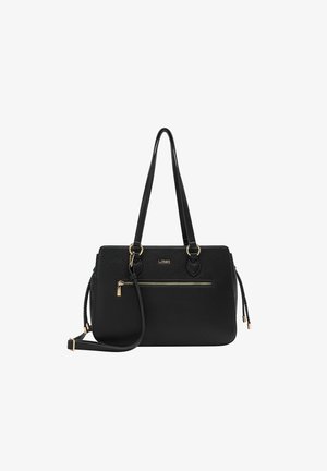 Borsa a tracolla in ecopelle nera con texture, accessoriate con dettagli in oro, doppi manici superiori, tracolla regolabile e tasca frontale con zip.