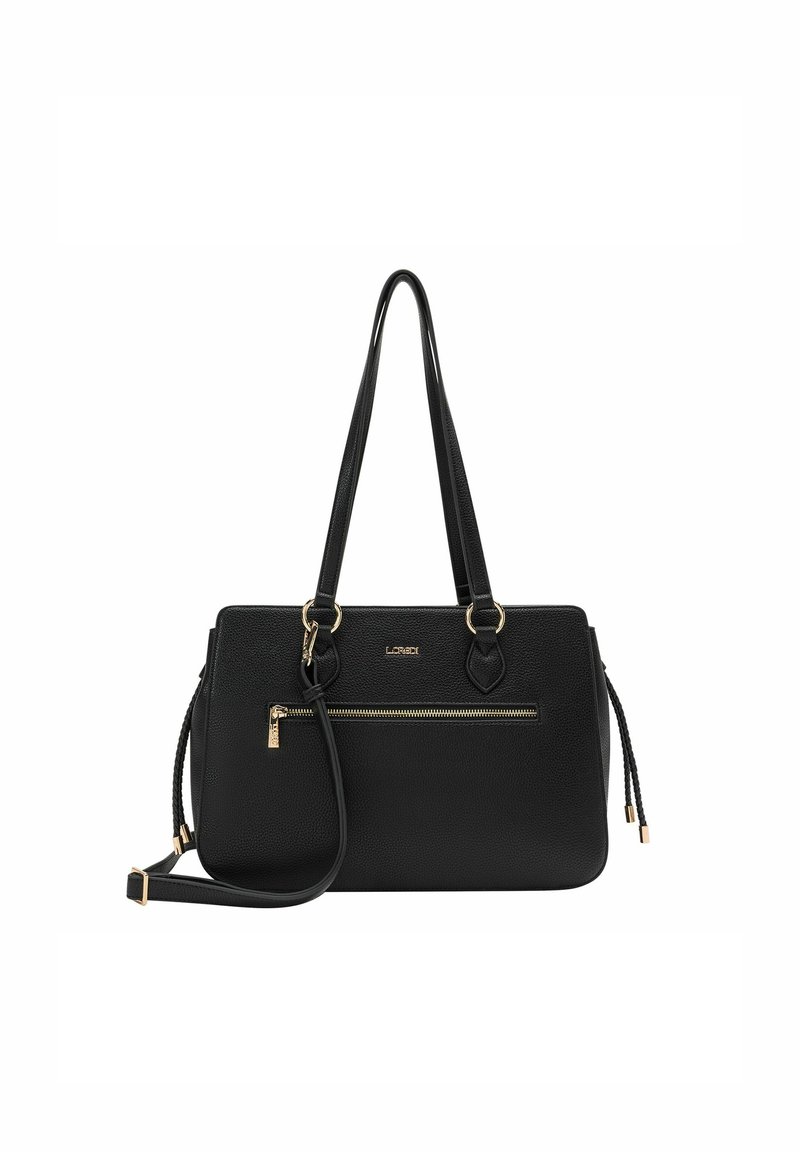 Borsa a tracolla in ecopelle nera con texture, accessoriate con dettagli in oro, doppi manici superiori, tracolla regolabile e tasca frontale con zip.