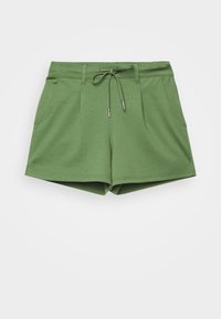 Zelené bavlněné šortky s elastickým pasem, stahovací šňůrkou a dvěma bočními kapsami; hladká textura a neformální styl.