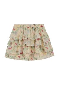 Jupe mini beige à volants avec imprimé floral et papillons, comprenant trois couches à volants et une taille élastique.