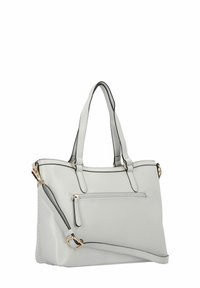 Borsa a mano in finta pelle grigia con doppi manici e tracolla rimovibile. Caratterizzata da una tasca frontale con zip e un bordo nero a contrasto.