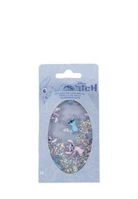 Brosse démêlante pour cheveux avec un fond bleu, ornée de paillettes colorées et des personnages imprimés de Stitch. Forme arrondie avec un design ovale.