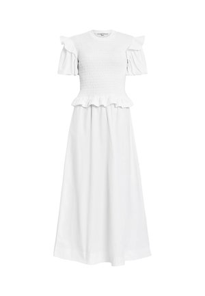 Biała sukienka z marszczonym topem, krótkimi falbaniastymi rękawami i zwiewną spódnicą, o miękkiej fakturze i długości do kostek.