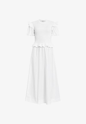 Biała sukienka z marszczonym topem, krótkimi falbaniastymi rękawami i zwiewną spódnicą, o miękkiej fakturze i długości do kostek.