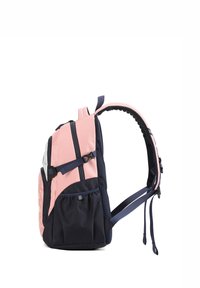 Rugzak in een roze en marineblauwe kleurstelling, met meerdere vakken, verstelbare schouderbanden en een geweven achterpaneel voor extra comfort.